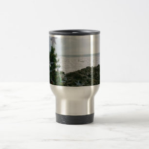 Christmas Tree Against Beach Rocks Travel Mug