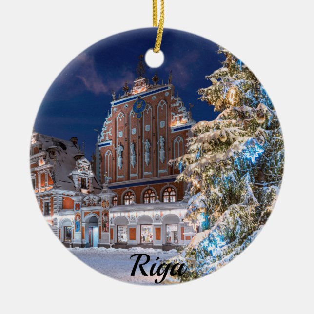 Christmas tree and Blackheads house in Riga Ceramic Ornament (Front)