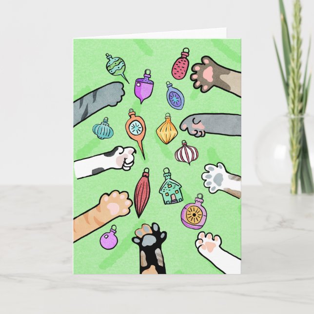 Christmas Tree and Cat Paws with Ornaments Card (Front)