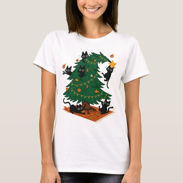 Christmas Tree And Cat T-Shirt (Front)