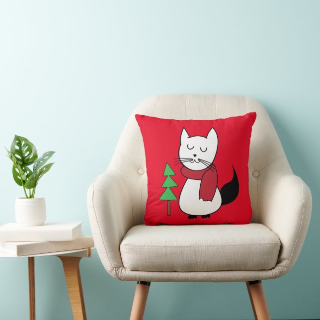 Christmas Tree and Cute Cat Throw Pillow (Chair)
