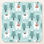 Christmas tree and cute lama pattern square paper coaster<br><div class="desc">Cute cartoon llama with snowy christmas tree and gift boxes on turquoise background</div>