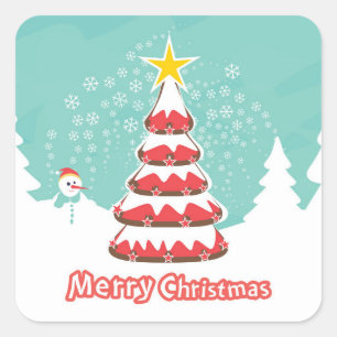 Christmas Tree and Cute Snowman Square Sticker