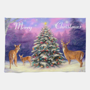 Christmas Tree and Deer Family Kitchen Towel