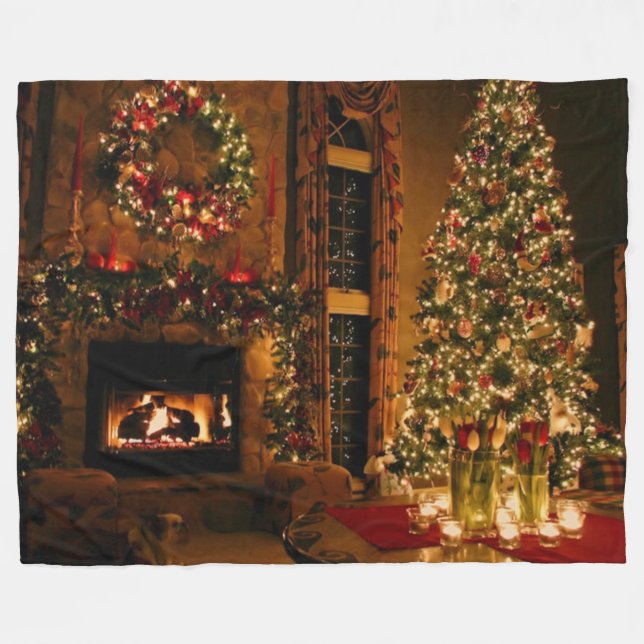 CHRISTMAS TREE and FIREPLACE Fleece Blanket (Front (Horizontal))