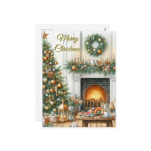 Christmas Tree and Fireplace Holiday Postcard