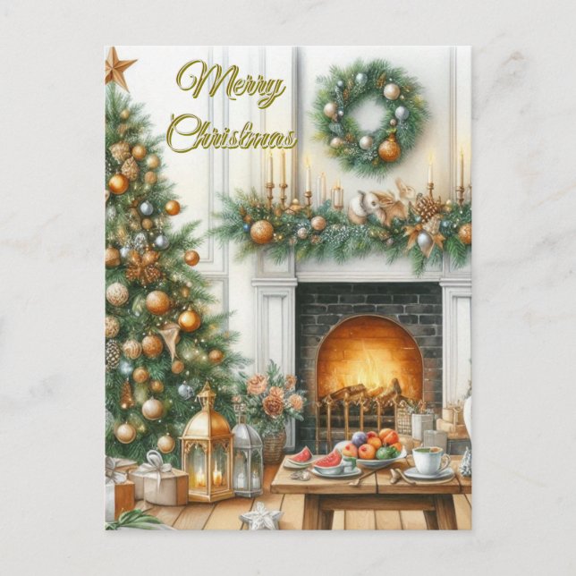 Christmas Tree and Fireplace Holiday Postcard (Front)