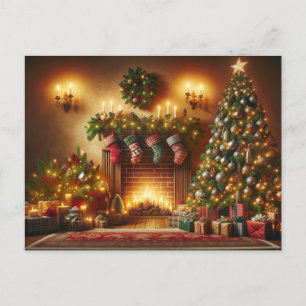 Christmas tree and fireplace  holiday postcard