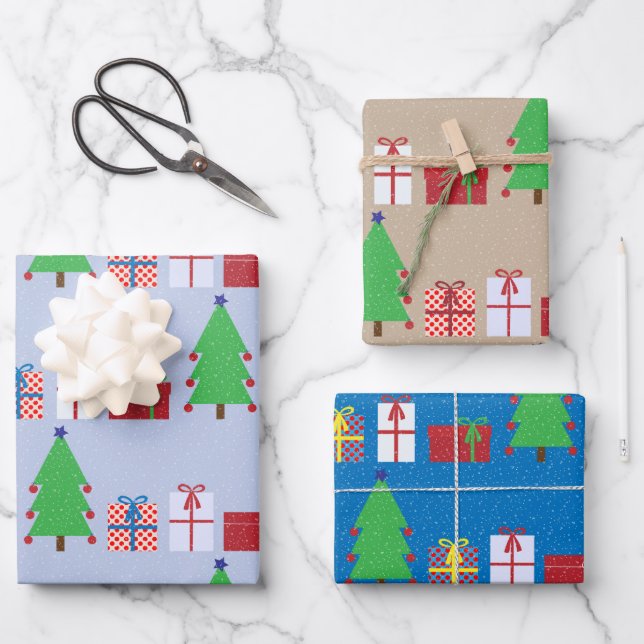 Christmas Tree and Gifts Blue Beige and Colourful Wrapping Paper Sheet (Front)