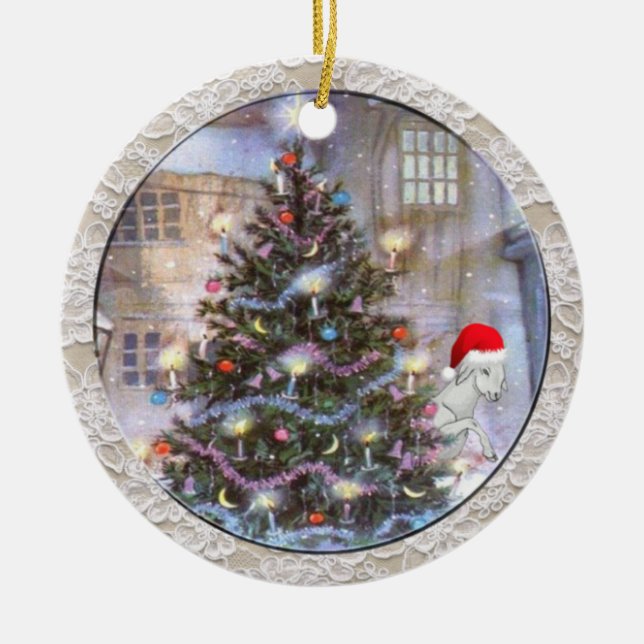 Christmas Tree and Goat in Santa Hat Ceramic Ornament (Front)