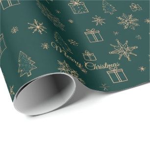 Christmas Tree And Gold Star Green Wrapping Paper