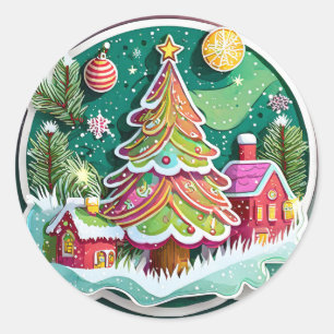 Christmas Tree and Huts Classic Round Sticker