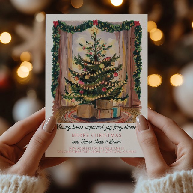 Christmas Tree and Moving Boxes Holiday Moving Announcement (Vintage Christmas Tree Card .. Holiday Moving Announcements by Darling & May)