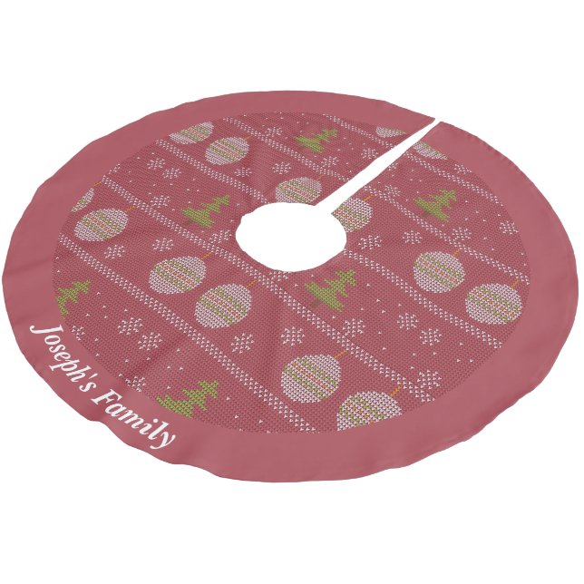 Christmas tree and ornament woven red brushed polyester tree skirt (Angled)