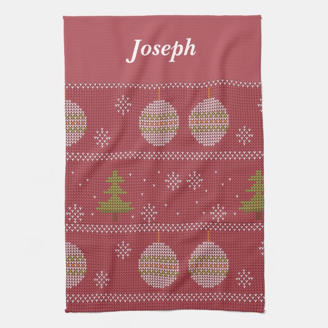 Christmas tree and ornament woven red kitchen towel (Vertical)
