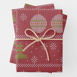 Christmas tree and ornament woven red wrapping paper sheet