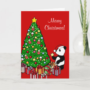 Christmas Tree and Panda Cartoon Holiday Card