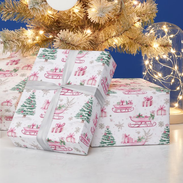 Christmas Tree And Pink Santa Sleigh Wrapping Paper (Holidays)