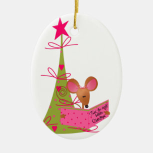 Christmas Tree and Reading Mouse Ceramic Ornament