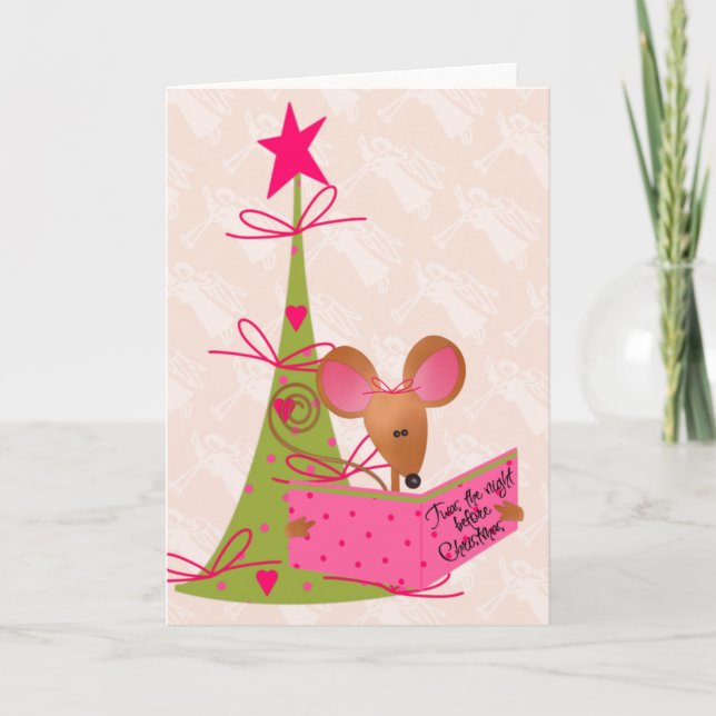 Christmas Tree and Reading Mouse Holiday Card (Front)