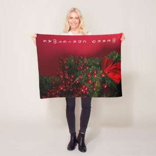 Christmas Tree And Red Berries On Red Background Fleece Blanket