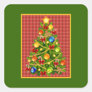 Christmas Tree and Red Plaid Square Sticker