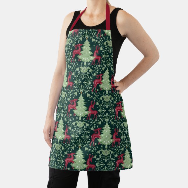 Christmas Tree and Reindeer -Folk Art - Green Apron (Insitu)