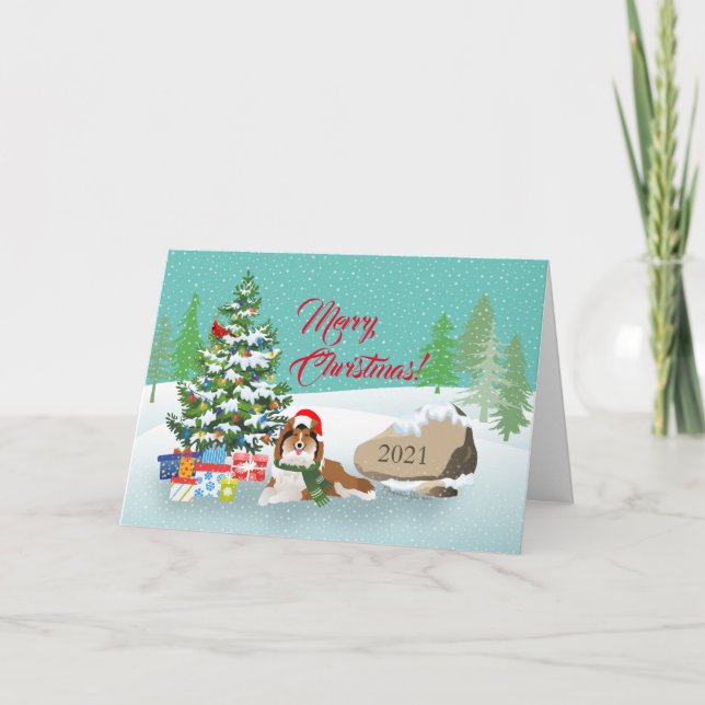 Christmas Tree and Sable Sheltie Holiday Card (Front)