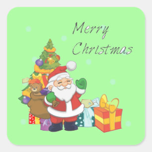 Christmas tree and Santa Merry Christmas green Square Sticker