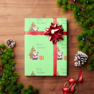 Christmas tree and Santa Merry Christmas green Wrapping Paper
