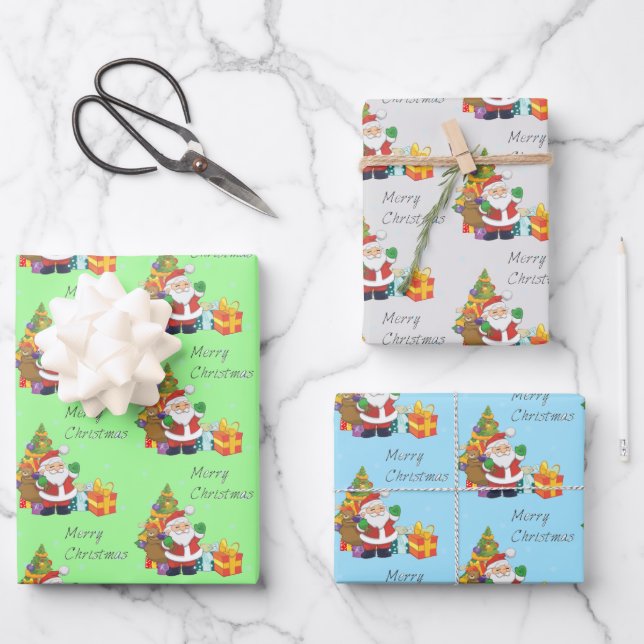 Christmas tree and Santa Merry Christmas Wrapping Paper Sheet (Front)