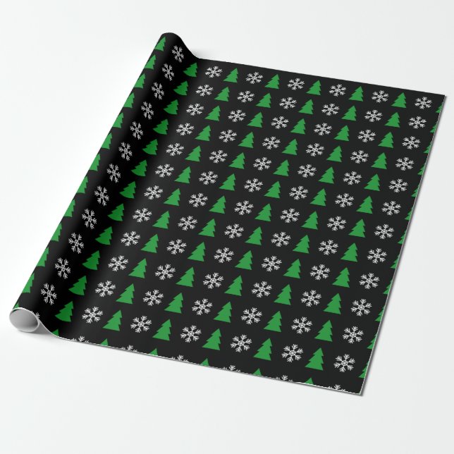 Christmas tree and snowflake motifs wrapping paper (Unrolled)