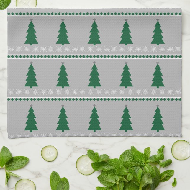 Christmas Tree and Snowflakes Pattern, Kitchen Towel (Folded)