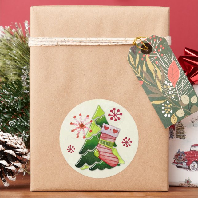 Christmas Tree and Stocking Whimsey Classic Round Sticker (Holiday)