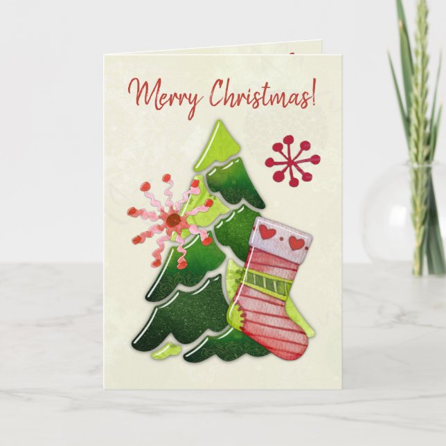 Christmas Tree and Stocking Whimsey Note Card (Front)