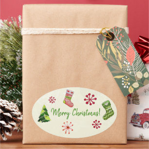 Christmas Tree and Stocking Whimsey Oval Sticker