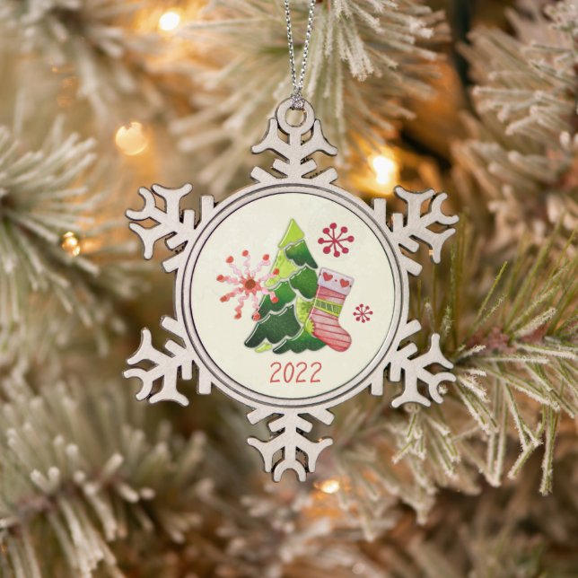 Christmas Tree and Stocking Whimsey Snowflake Pewter Christmas Ornament (Tree)