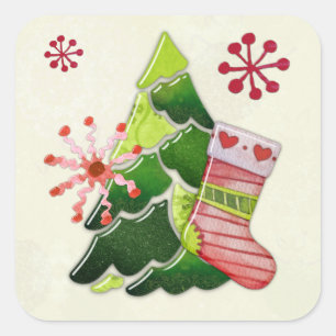 Christmas Tree and Stocking Whimsey Square Sticker