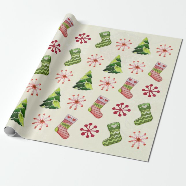 Christmas Tree and Stocking Whimsey Wrapping Paper (Unrolled)