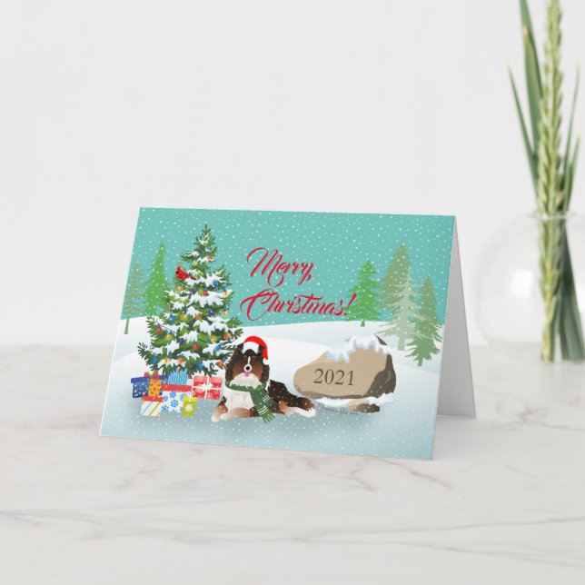 Christmas Tree and Tri-Black Sheltie Holiday Card (Front)