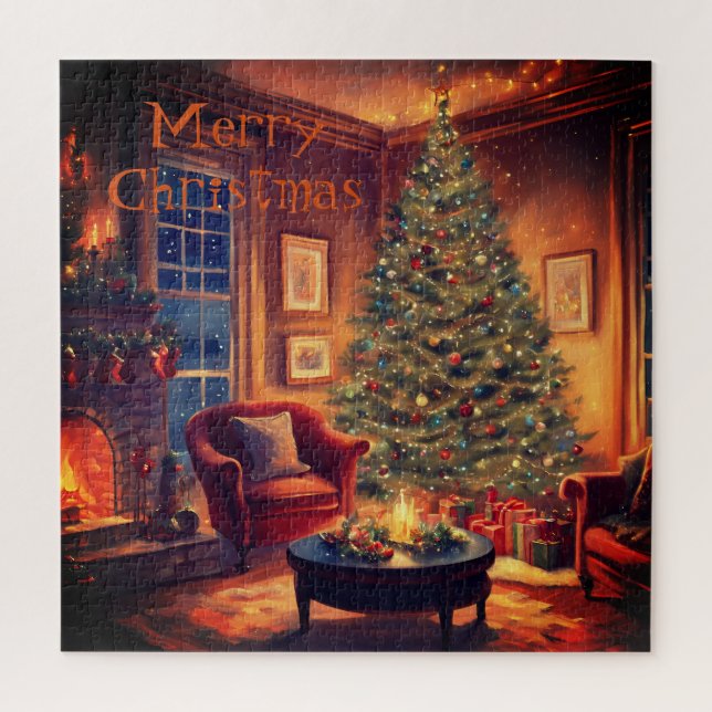 Christmas Tree And Warm Cozy Fireplace Scene Jigsaw Puzzle (Vertical)