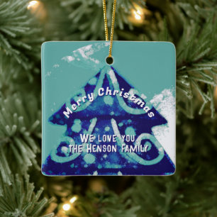 Christmas Tree Artistic Blue Family  Ceramic Ornament