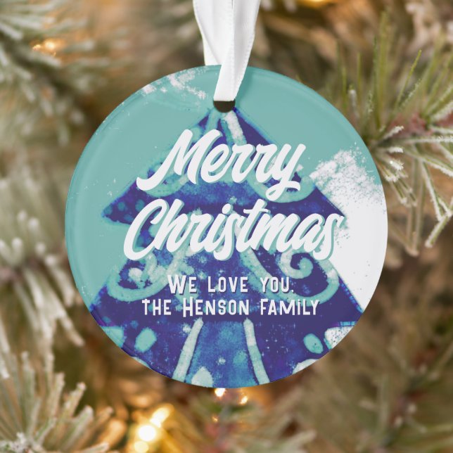 Christmas Tree Artistic Blue Merry Script  Ornament (Tree)