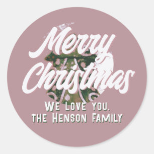 Christmas Tree Artistic Green Pink Merry Script Classic Round Sticker