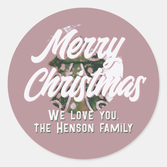 Christmas Tree Artistic Green Pink Merry Script Classic Round Sticker (Front)
