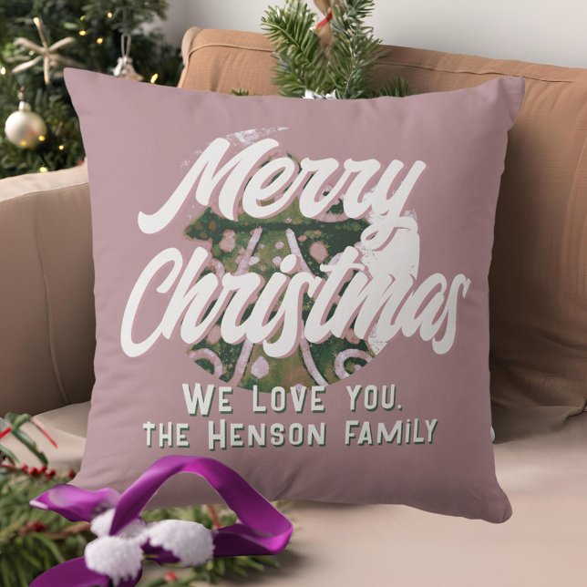 Christmas Tree Artistic Green Pink Merry Script  Throw Pillow (Creator Uploaded)