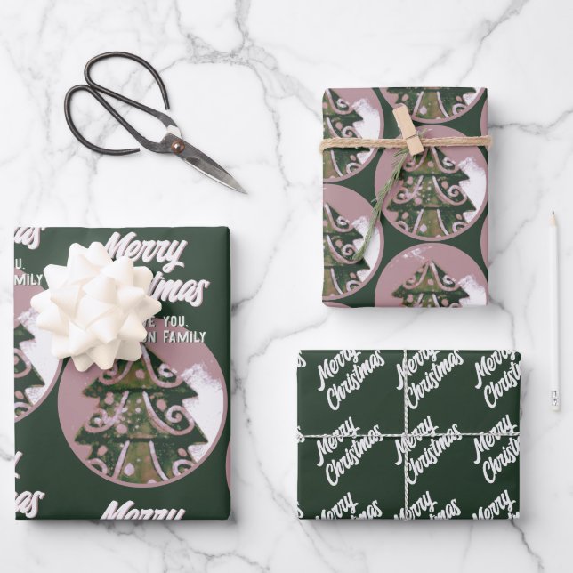 Christmas Tree Artistic Green Pink Merry Script Wrapping Paper Sheet (Front)