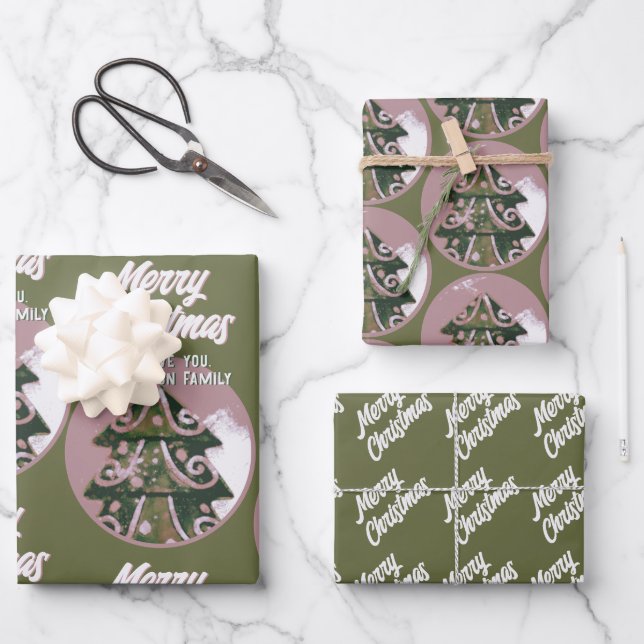 Christmas Tree Artistic Green Pink Merry Script Wrapping Paper Sheet (Front)