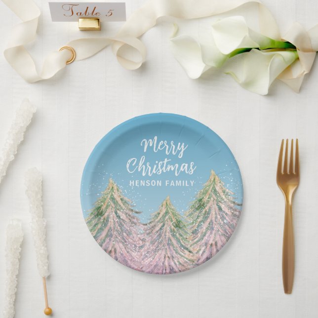 Christmas Tree Artistic Pink Green Watercolor  Paper Plate (Wedding)