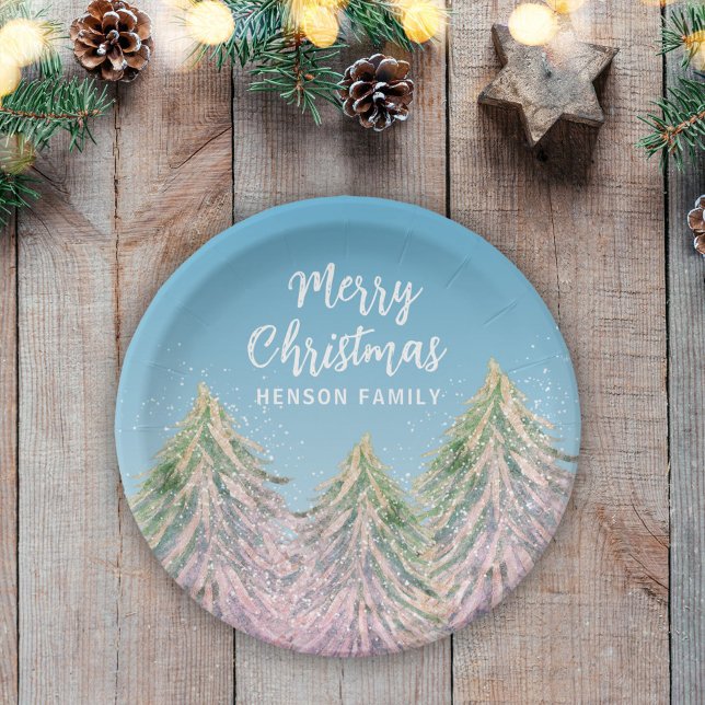 Christmas Tree Artistic Pink Green Watercolor  Paper Plate (Creator Uploaded)